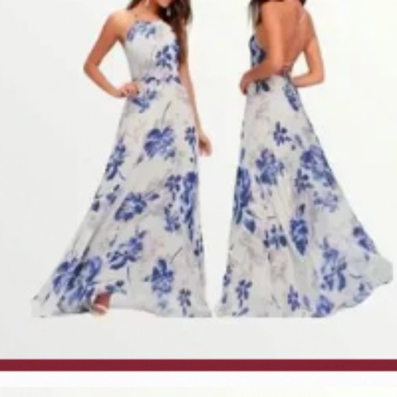 LULUS All I Need Grey Blue and Pink Floral Print Strappy Maxi Dress size large - Picture 1 of 10
